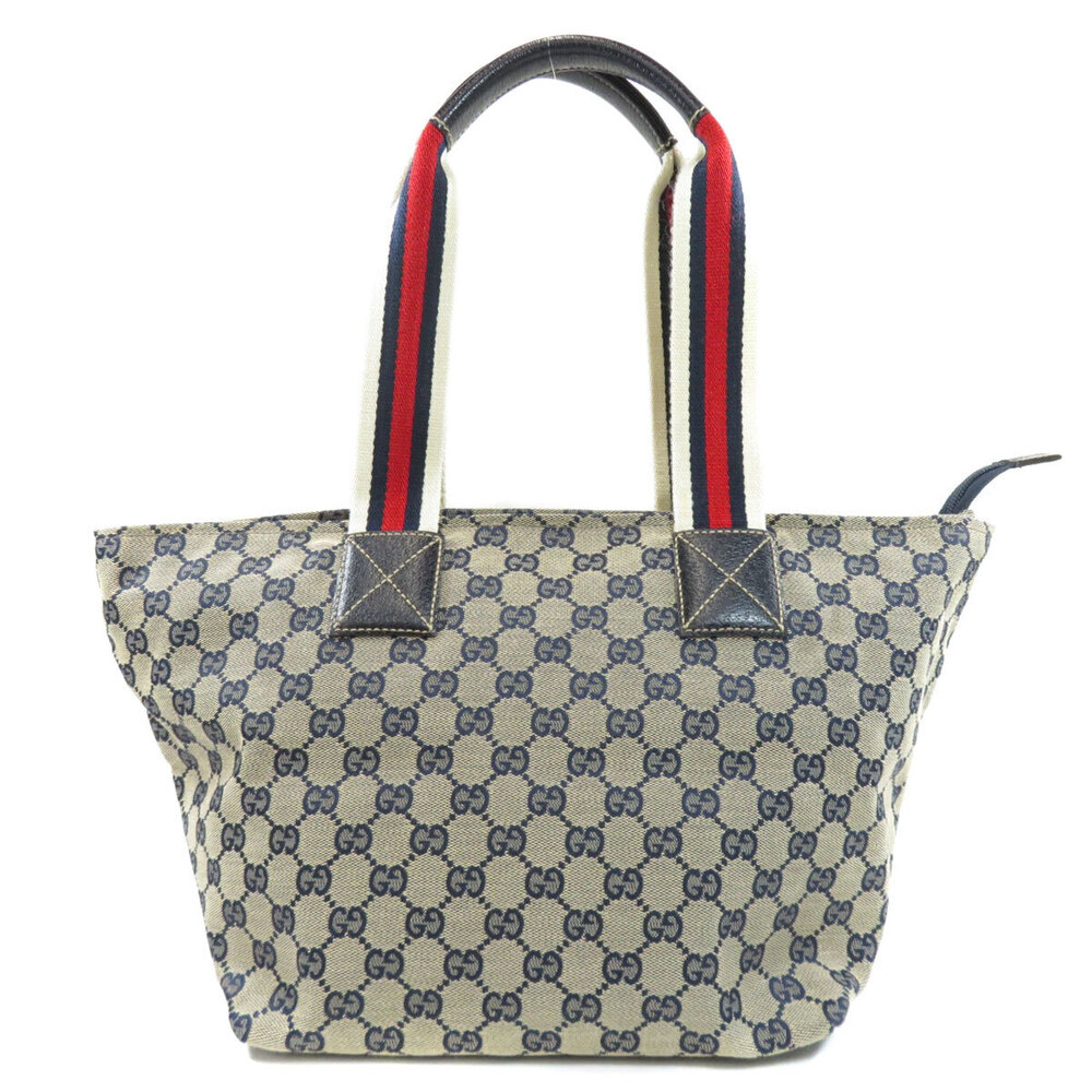 Gucci white navy tote GG stripe canvas bag trim red handles Blue Red